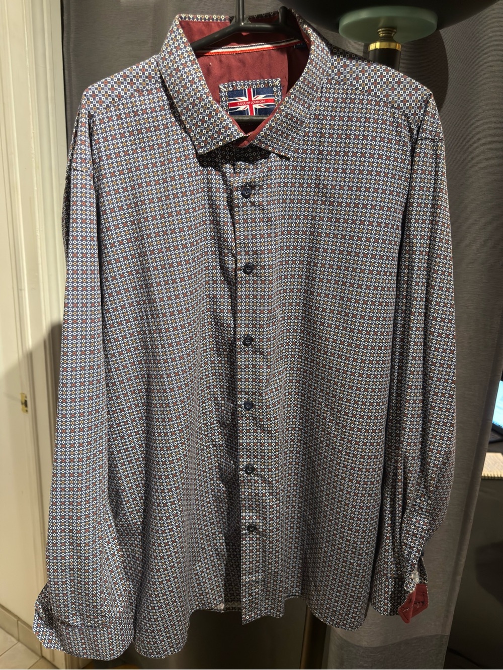 Men's Patterned Long-Sleeve Dress Shirt - Blue and Burgundy